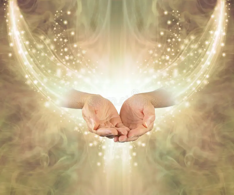 female cupped hands emerging arc shimmering sparkles glowing golden ethereal energy formation background copy 132529747